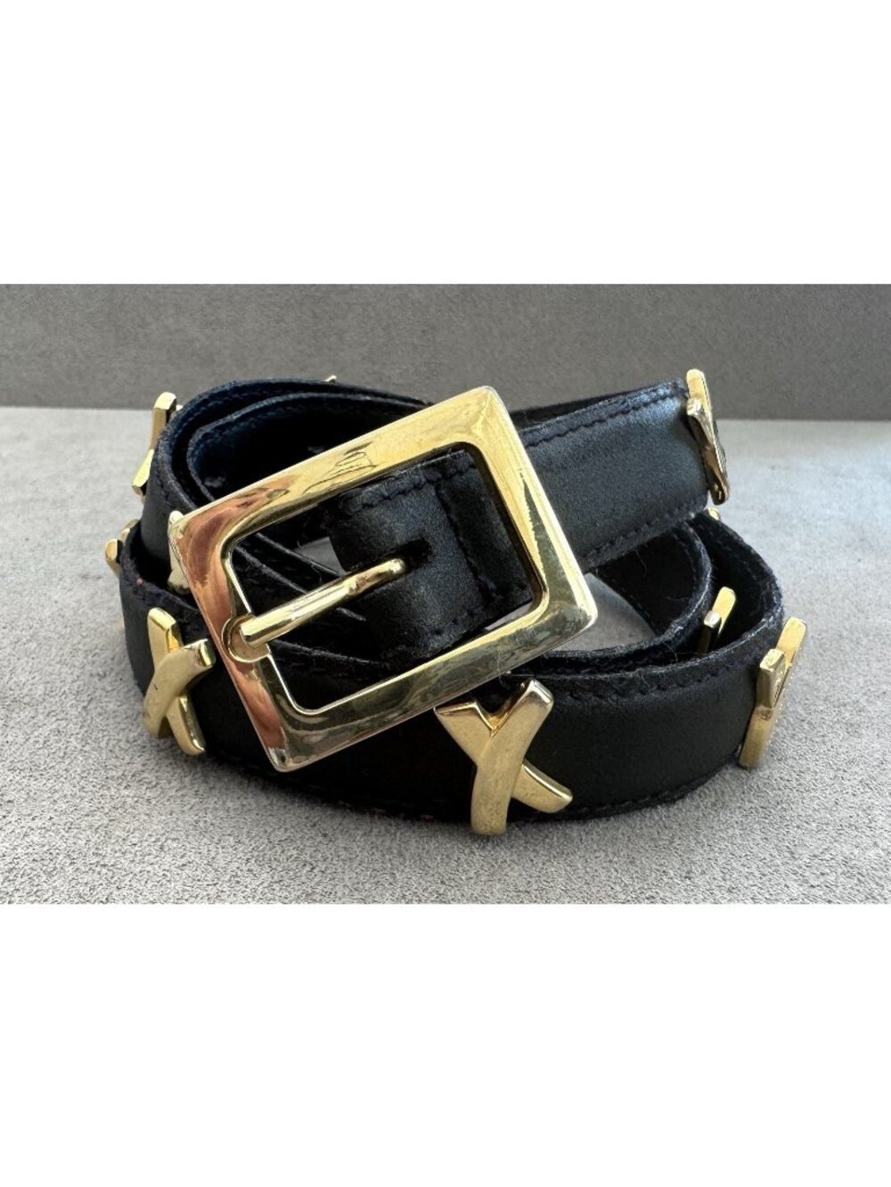 Vtg PALOMA PICASSO Slim BLACK Genuine LEATHER BELT Classic "X" Gold .75" x 35"